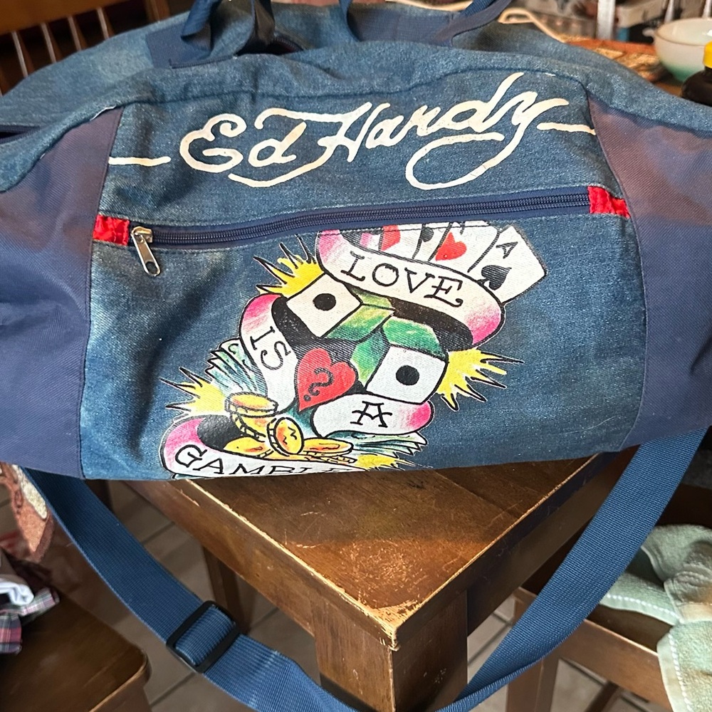 Ed Hardy Denim Duffle with Colorful Tattoo Design